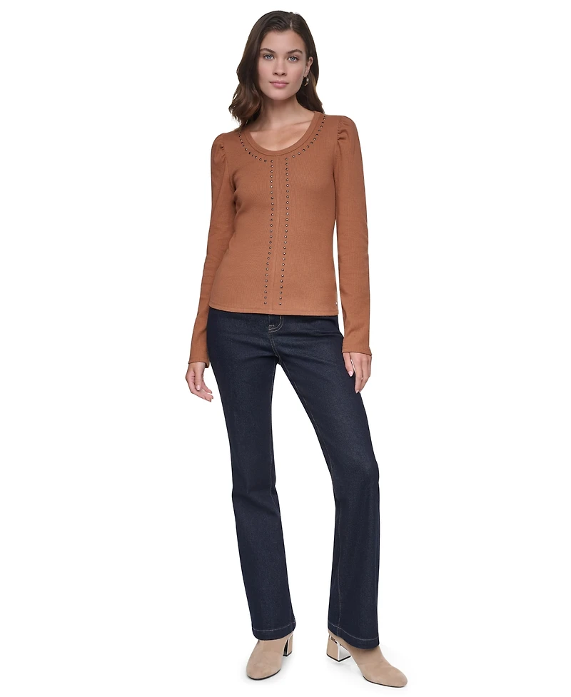 Dkny Jeans Women's Scoop Neck Long-Puff Sleeve Rhinestud Cotton-Blend Top