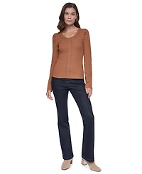 Dkny Jeans Women's Scoop Neck Long-Puff Sleeve Rhinestud Cotton-Blend Top