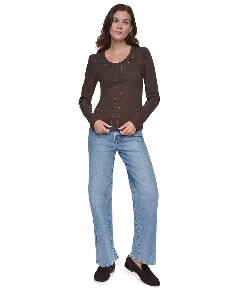 Dkny Jeans Women's Scoop Neck Long-Puff Sleeve Rhinestud Cotton-Blend Top