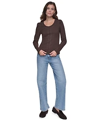 Dkny Jeans Women's Scoop Neck Long-Puff Sleeve Rhinestud Cotton-Blend Top