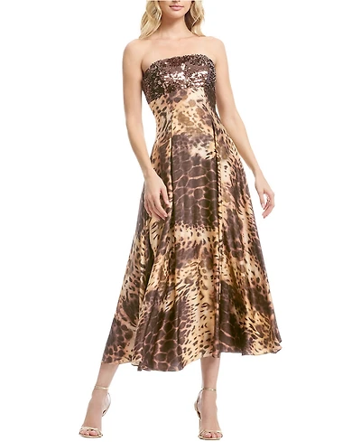 Dress The Population Women's Miranda Strapless Sequin Bustier Leopard Print Midi Dress