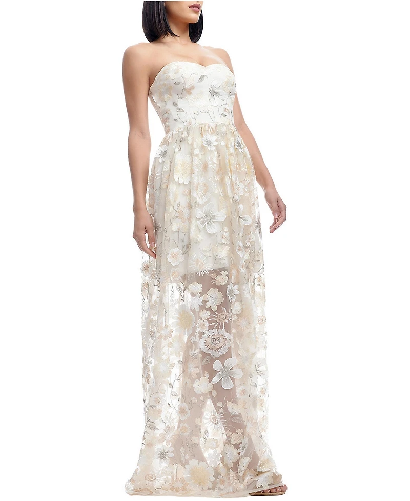 Dress The Population Women's Audrina Strapless Sweetheart 3D Floral Applique Sheer Overlay Gown