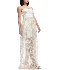 Dress The Population Women's Audrina Strapless Sweetheart 3D Floral Applique Sheer Overlay Gown