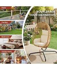 Asagikoiai Set of 2 Outdoor Hanging Egg Chairs with Stand and Cushions, Wicker Patio Swing Hammock