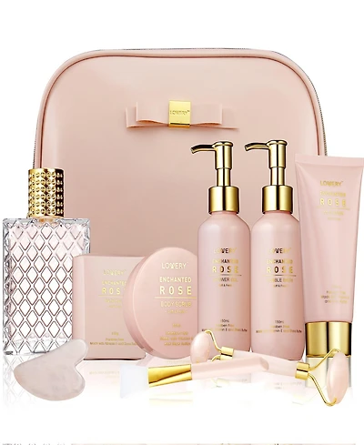 Lovery Luxury Enchanted Rose Bath and Body Care Beauty Kit with Cosmetic Bag, Jade Roller and More, 11pc Home Spa Gift Set