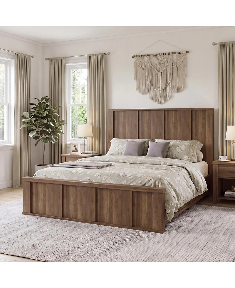 homfan Wooden Platform Bed Frame, Solid Wood Finish with Tall Vertical Panel Headboard & Footboard, No Box Spring Needed, for Bedroom