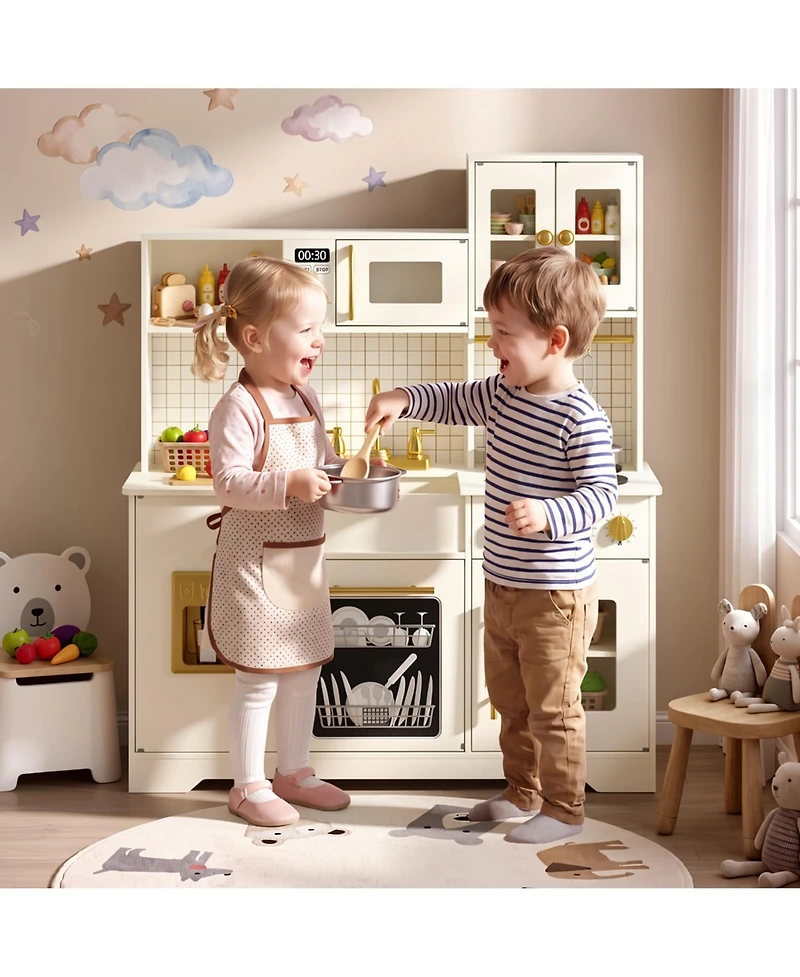 Kinder King Kids Play Kitchen, Wooden Toy Kitchen Playset for Toddler, Pretend Oven, Microwave