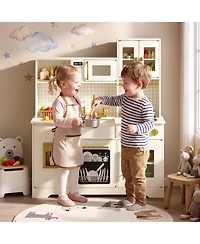 Kinder King Kids Play Kitchen, Wooden Toy Kitchen Playset for Toddler, Pretend Oven, Microwave