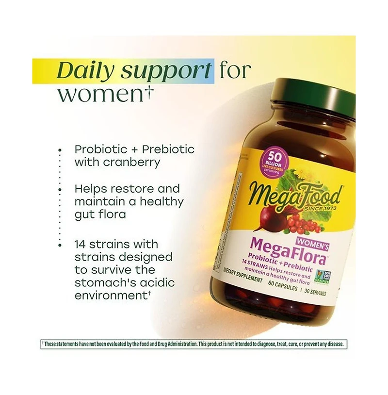 MegaFood MegaFlora Probiotics for Women, Probiotic + Prebiotic, 50 Billion Live Cultures, 60 Capsules