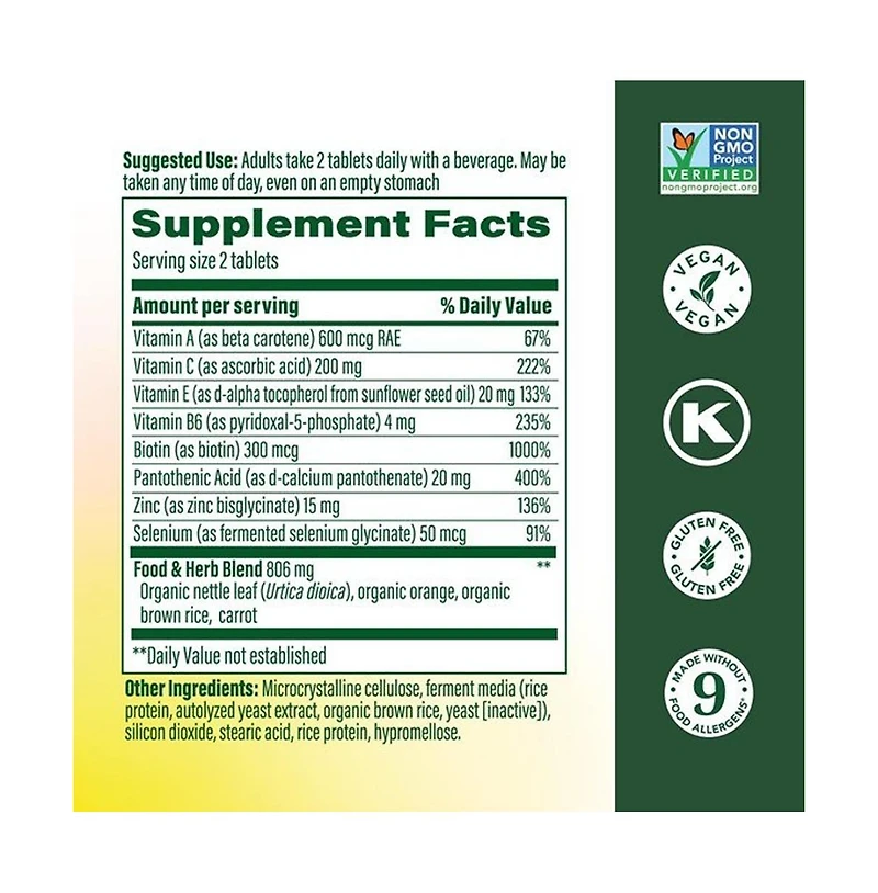 MegaFood Skin, Nails and Hair 2 with Biotin, Zinc and Vitamin A, C, and E, Supports a Healthy Complexion, Nails and Hair, 60 Ct