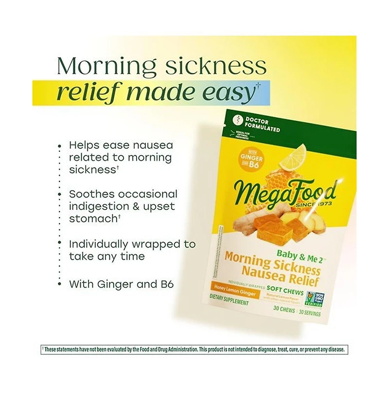 MegaFood Baby and Me 2 Morning Sickness Nausea Relief Soft Chews with Vitamin B6 and Ginger, Honey Lemon Ginger 30 Soft Chews