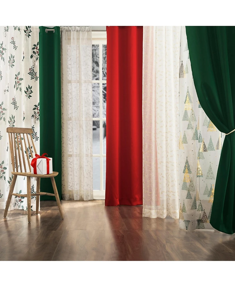 No. 918 Holly Metallic Embroidery Christmas Sheer Rod Pocket Curtain Panel Pair