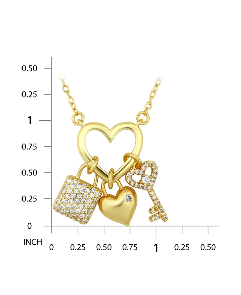 Macy's 14k Gold-Plated Over Brass Heart Shape Charm Holder with Heart, Key and Lock Charms Necklace