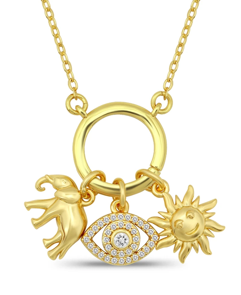Macy's 14k Gold-Plated Over Brass Circle Charm Holder with Elephant, Evil Eye and Sun Charms Necklace