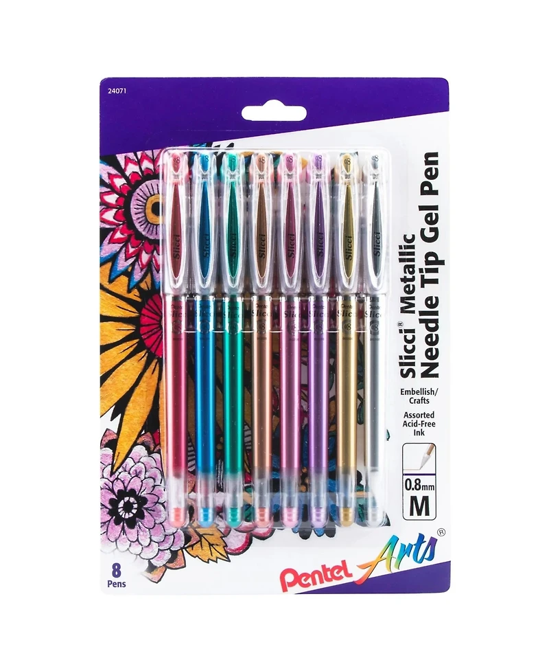 Pentel Arts Slicci Metallic (0.8mm) Needle Tip Med Gel Pen Assorted Metallic Ink, 8-Pk