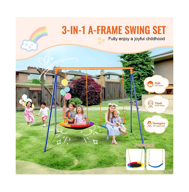 Slickblue A-Frame Swing Set with Saucer Swing & Belt Swing, Adjustable Ropes, Fits 3 Kids, Ages 3+