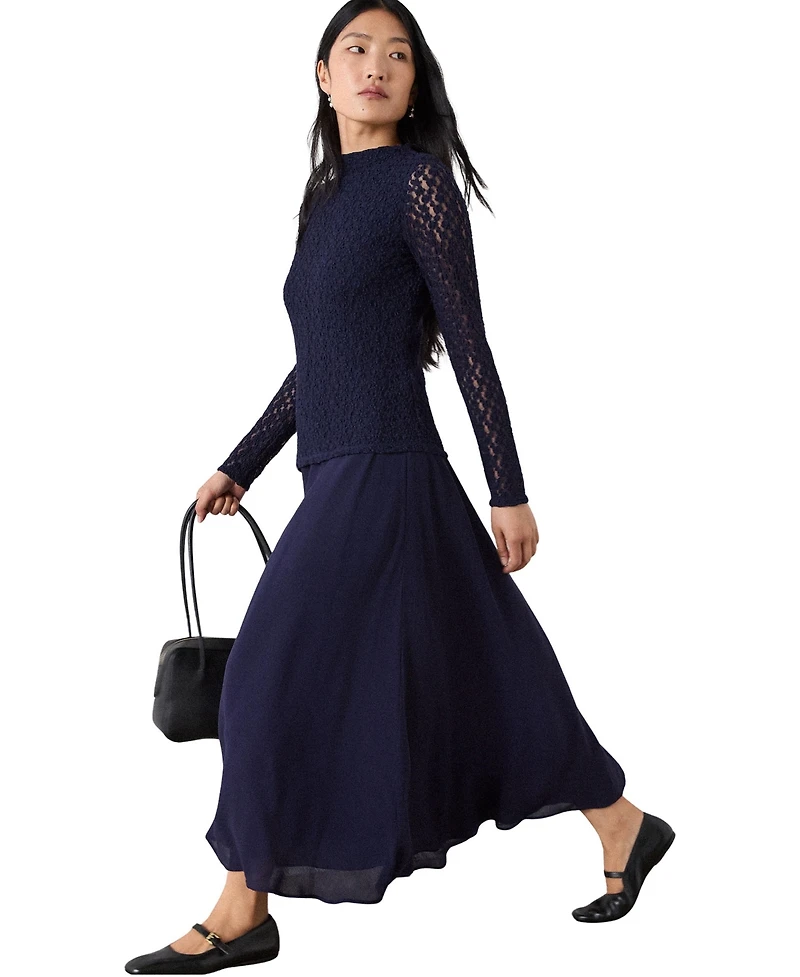Whistles Women's Drop Waist Long-Sleeve Lace Midi Dress