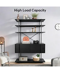 homfan 5-Tier Industrial Bookshelf with Cabinet, Heavy Duty Wood Bookcase Display, Sturdy Metal Frame Storage Shelving Unit for Home Office