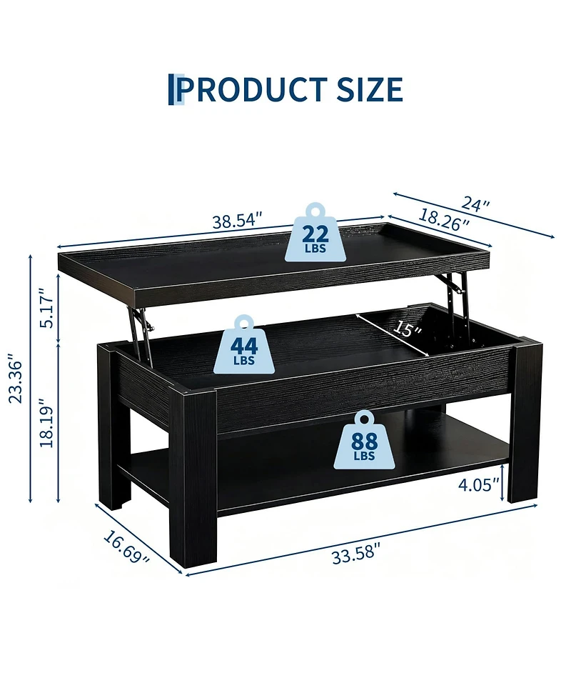 gaomon Coffee Table with Hidden Storage, Modern Wood Center Large Compartment and Shelf, Rising Desktop Dining for Living Room