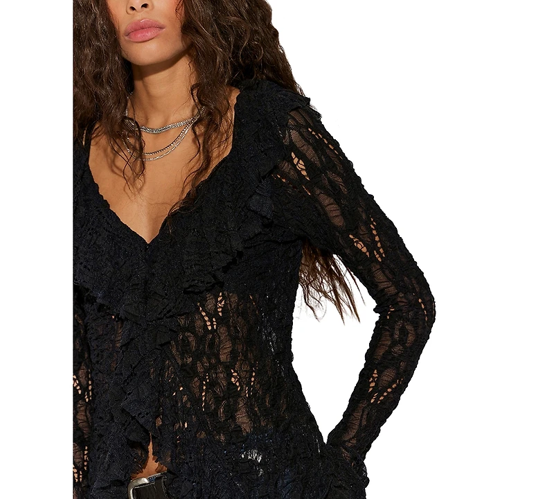 Free People Women's Laney Sheer Ruffled V-Neck Cardigan