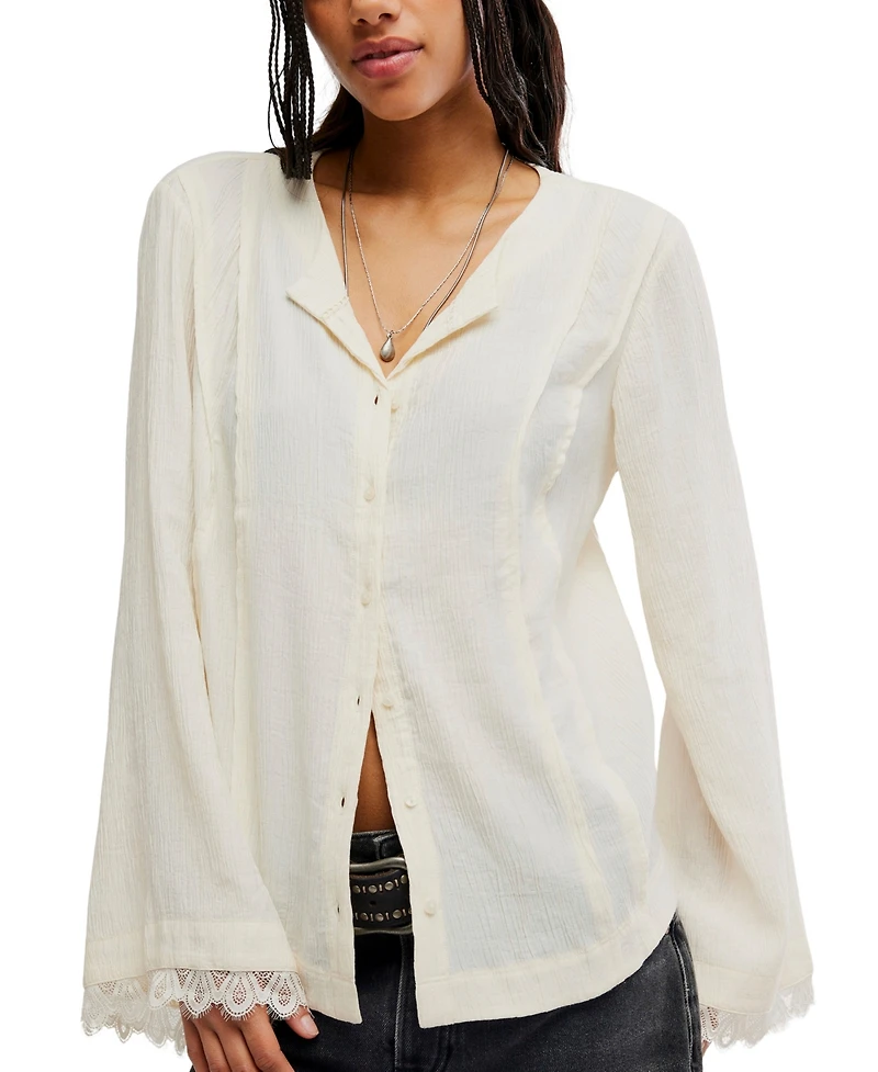 Free People Women's Donni Collared Long-Sleeve Lace-Trim Blouse