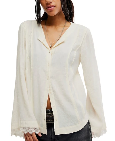 Free People Women's Donni Collared Long-Sleeve Lace-Trim Blouse