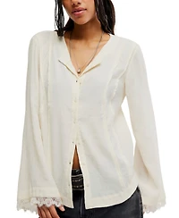 Free People Women's Donni Collared Long-Sleeve Lace-Trim Blouse