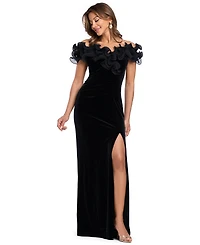 Xscape Women's Velvet Off-the-Shoulder Ruffled Long Gown