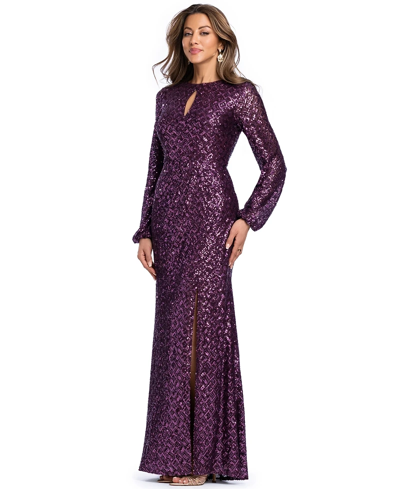 Xscape Women's Sequin Long-Sleeve Keyhole Dress