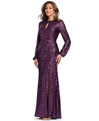 Xscape Women's Sequin Long-Sleeve Keyhole Dress