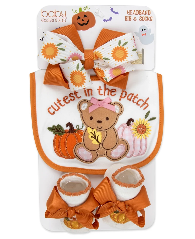 Baby Essentials Cutest in the Patch Pumpkin Bow 3-Piece Bib, Socks and Headband Set
