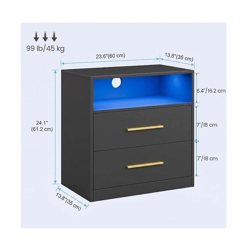 SongmicsHome Bedside Table, Side End Table, Nightstand with Power Outlets, Sliding Lid, Led Lights, 2 Drawers