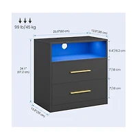 SongmicsHome Bedside Table, Side End Table, Nightstand with Power Outlets, Sliding Lid, Led Lights, 2 Drawers