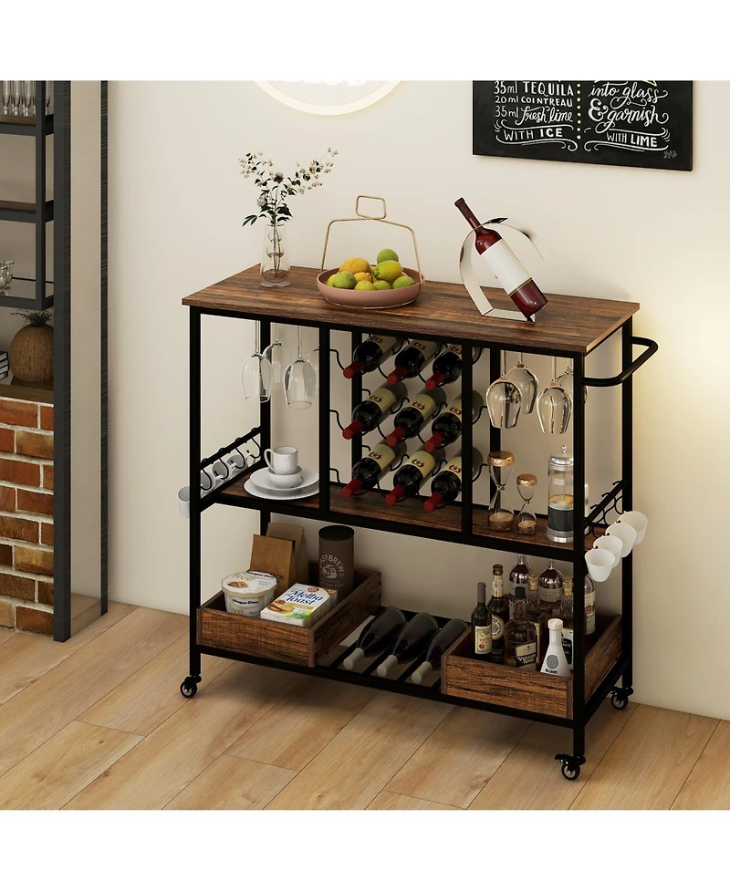 Sugift 3-Tier Rolling Bar Cart with Glass Racks and Bottle Holders