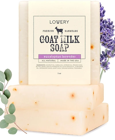 Lovery Handmade Goat Milk Soap Bars Made in Usa with Organic Shea Butter - Eucalyptus Lavender Scent, 3 Pack