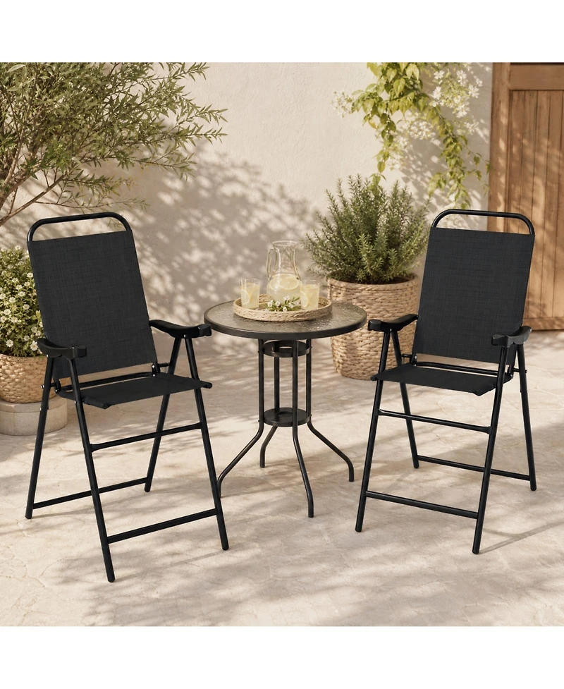 Gymax 2PCS Patio Bar Chair Folding Bar Height Metal Frame w/ Footrest Garden Coffee Black