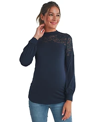 Hello Miz Maternity Floral-Lace Yoke Mock-Neck Long-Sleeve Top