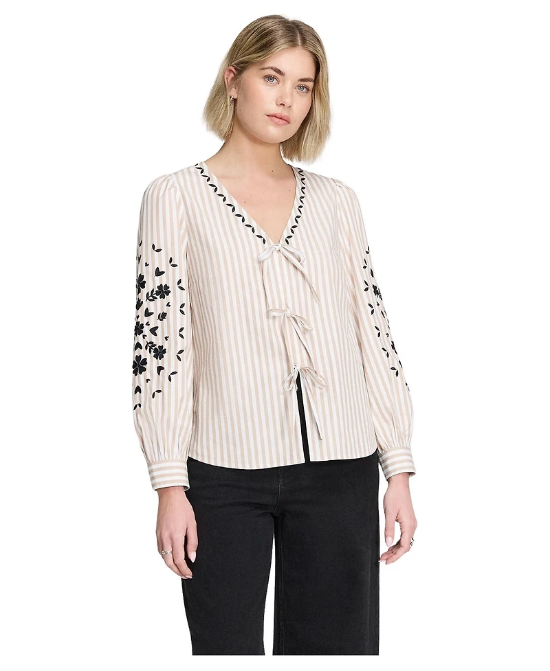 Finery London Women's Karlee Striped Tie-Front Long-Sleeve Top