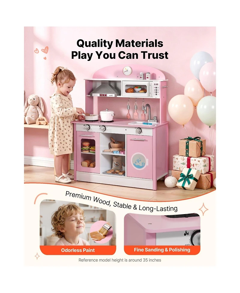Sugift Lights and Sounds Wooden Play Kitchen With Cookware and Food Accessories, Ages 3+