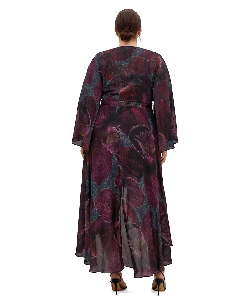 City Chic Women's Plus Evangeline V-Neck Bell-Sleeve Floral-Print Wrap Maxi Dress
