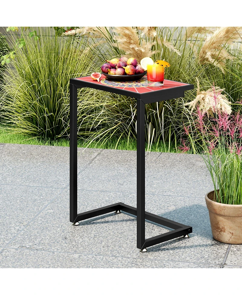 Mecale C-Shaped Outdoor End Table with Mosaic Ceramic Tile Top