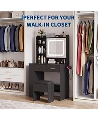 Makeup Vanity Desk with Led Lighted Mirror, Charging Station, Cushioned Stool, Drawers, Shelves and Hairdryer Rack