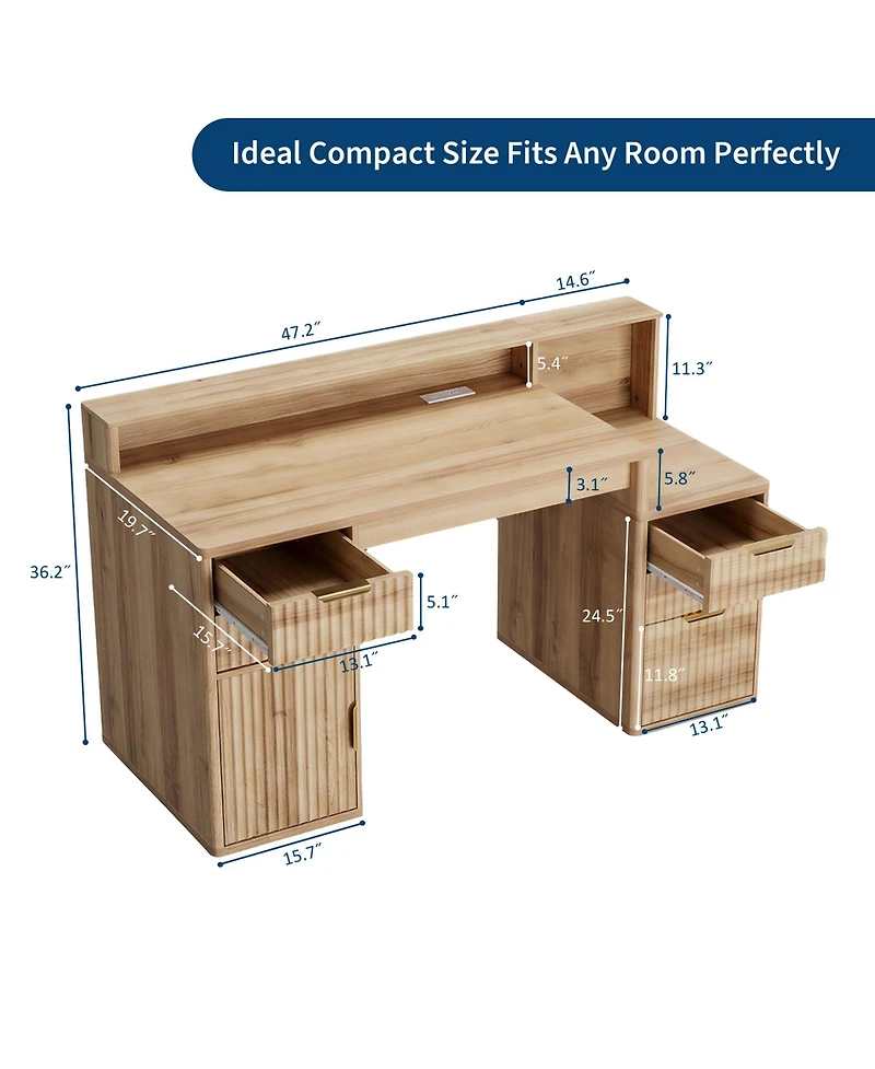 gaomon Rectangular Computer Desk with Hutch, Printer Stand and Ripple Door Storage, Space-Saving Home Office Writing Desk
