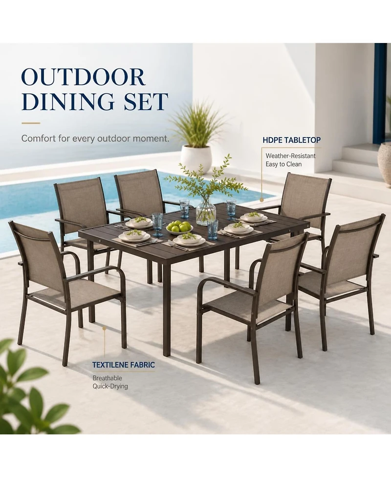 7-Piece Outdoor Patio Dining Set with 55" Rectangular Table and 6 Stackable Textilene Chairs, Wood-Grain Finish, Rust-Resistant Steel Frame