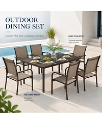 7-Piece Outdoor Patio Dining Set with 55" Rectangular Table and 6 Stackable Textilene Chairs, Wood-Grain Finish, Rust-Resistant Steel Frame