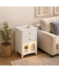 Nightstand with Charging Station, Led Light Strip, 2 Drawers and Open Shelf, Modern Mid-Century Bedside Table for Bedroom or Dorm
