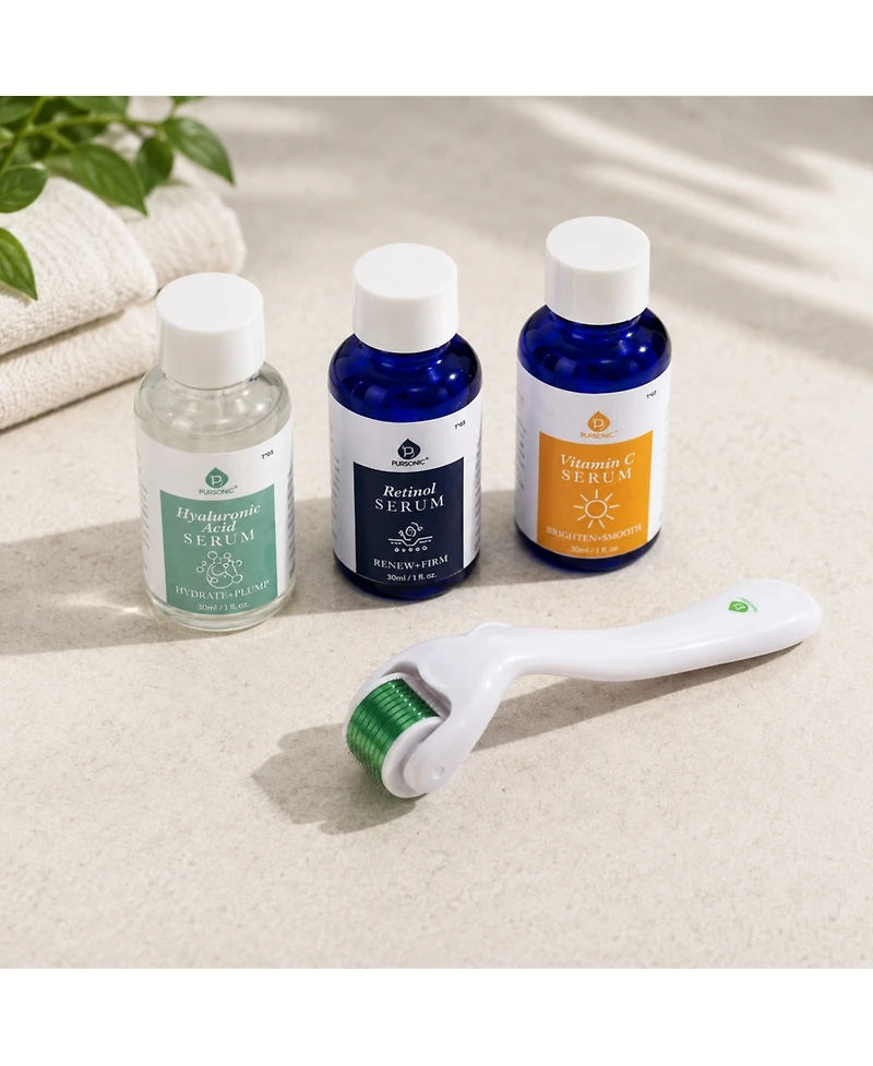 Pursonic Ultimate Renewal Kit Micro Needle Derma Roller and Anti Aging Serum Trio