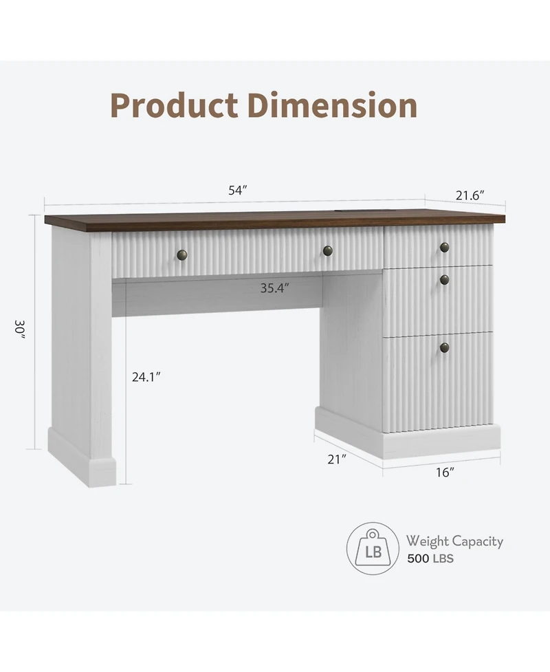 homfan 54" Fluted Executive Desk with File Drawer & Storage Drawers,White