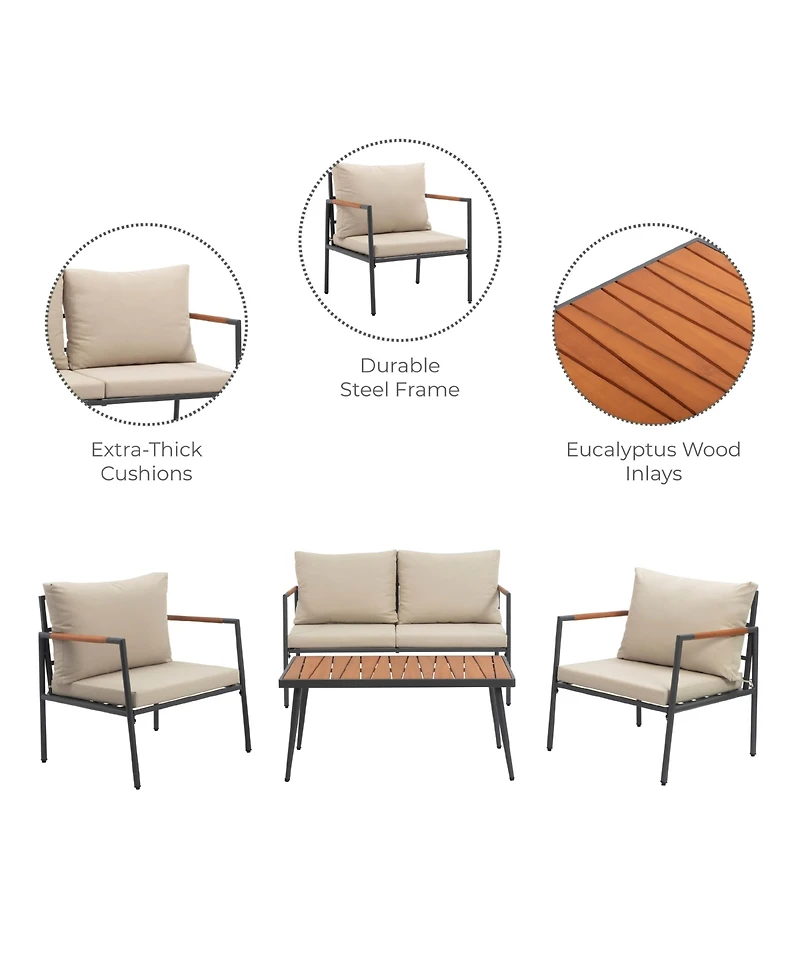 Teamson Home - Outdoor 4 Piece Steel frame Conversation Set with Wood Armrests and Cushions