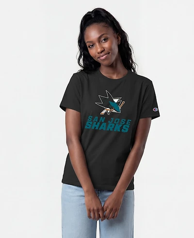 Champion Women's San Jose Sharks Wordmark Lockup Screen Print Crewneck T-Shirt